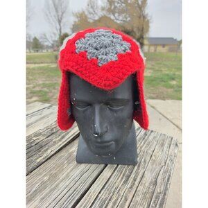 Handmade‎ Crochet Granny Square Slouchy Beanie Hat Adult Size Red Gray White